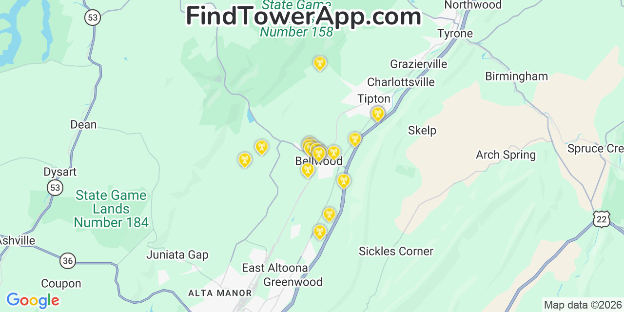 Map showing the 20 primary cell tower locations detected in Bellwood, Pennsylvania from AT&T, Verizon, and T-Mobile networks
