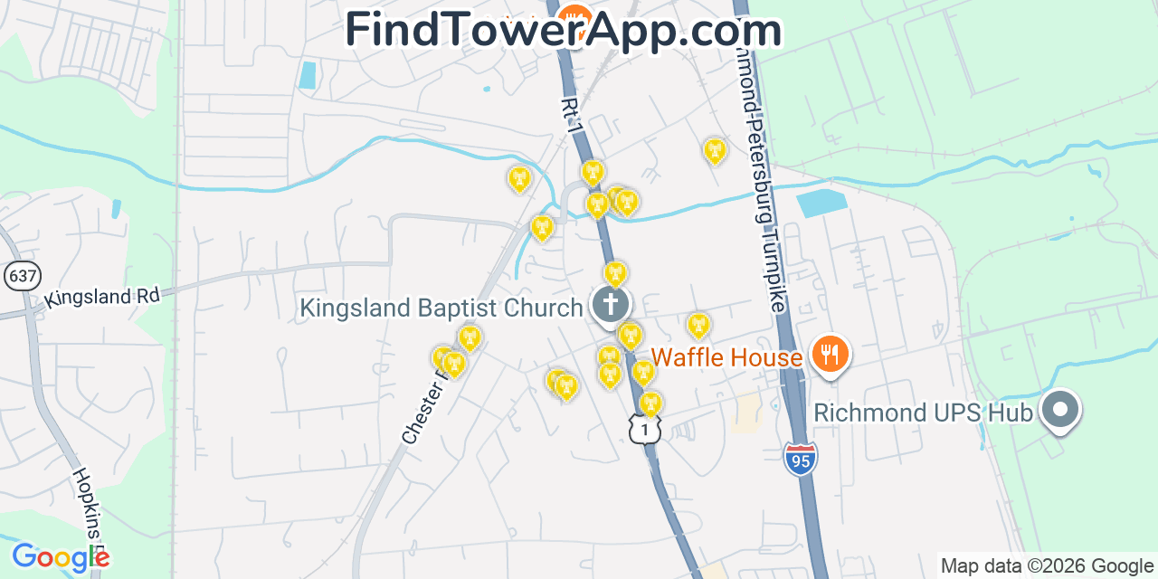 Map showing the 20 primary cell tower locations detected in Bellwood, Virginia from AT&T, Verizon, and T-Mobile networks