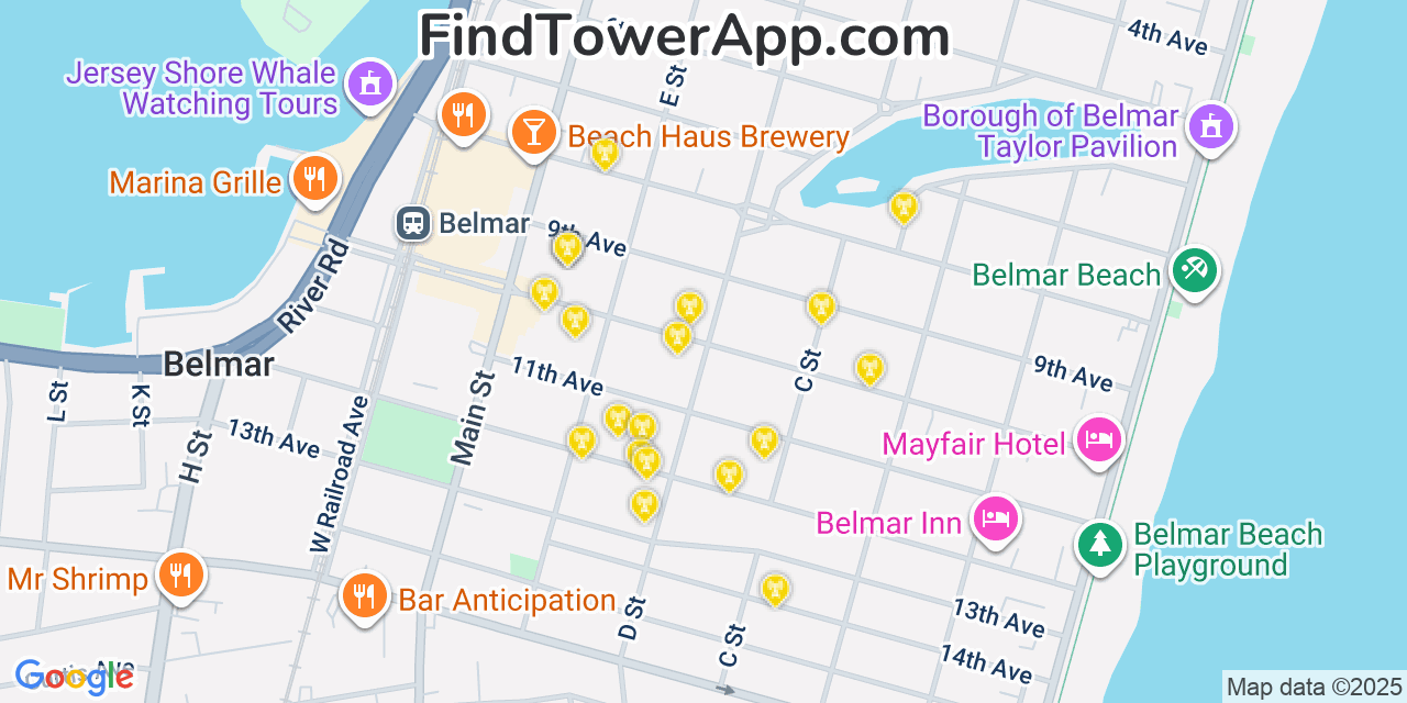 Map showing the 20 primary cell tower locations detected in Belmar, New Jersey from AT&T, Verizon, and T-Mobile networks