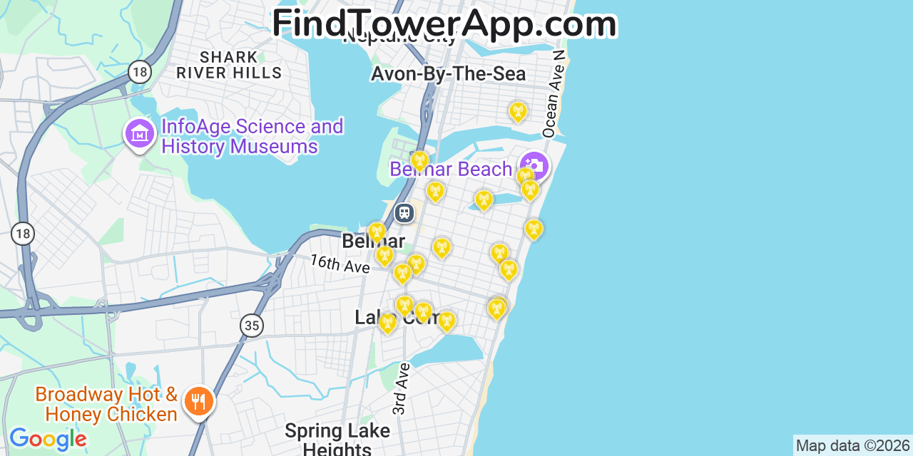 Map showing the 20 primary cell tower locations detected in Belmar, New Jersey from AT&T, Verizon, and T-Mobile networks
