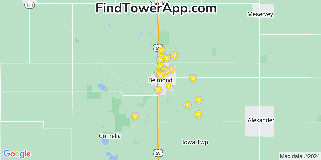 AT&T 4G/5G cell tower coverage map Belmond, Iowa