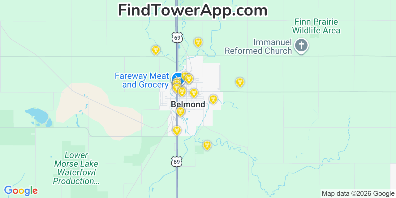 Map showing the 20 primary cell tower locations detected in Belmond, Iowa from AT&T, Verizon, and T-Mobile networks