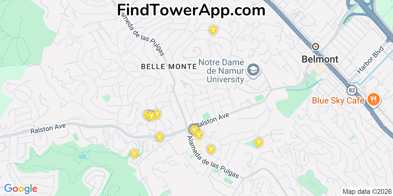 Map showing the 20 primary cell tower locations detected in Belmont, California from AT&T, Verizon, and T-Mobile networks