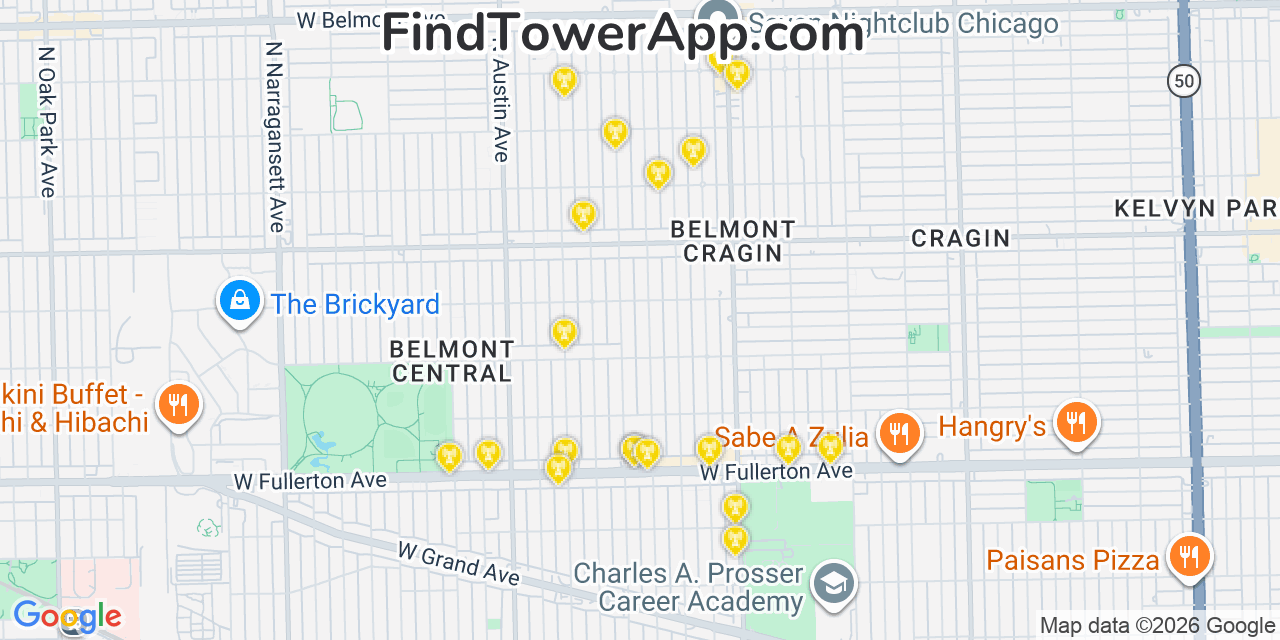 Map showing the 20 primary cell tower locations detected in Belmont Cragin, Illinois from AT&T, Verizon, and T-Mobile networks