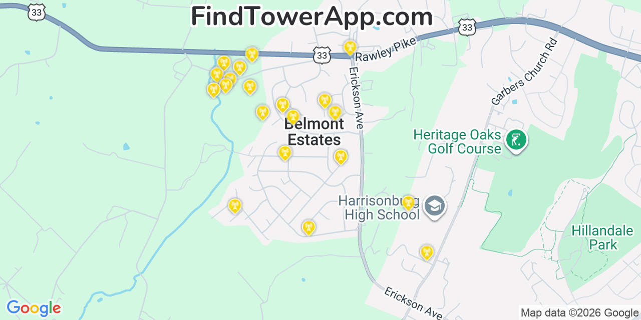 Map showing the 20 primary cell tower locations detected in Belmont Estates, Virginia from AT&T, Verizon, and T-Mobile networks