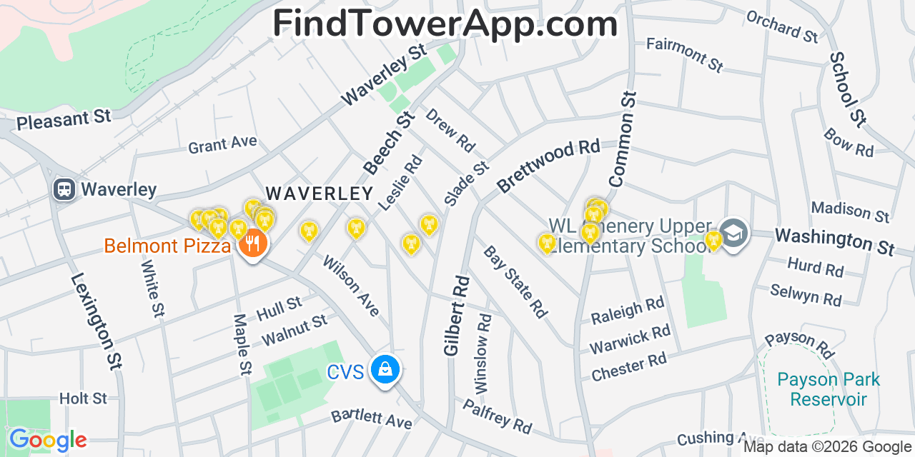 Map showing the 20 primary cell tower locations detected in Belmont, Massachusetts from AT&T, Verizon, and T-Mobile networks