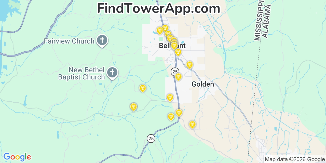Map showing the 20 primary cell tower locations detected in Belmont, Mississippi from AT&T, Verizon, and T-Mobile networks