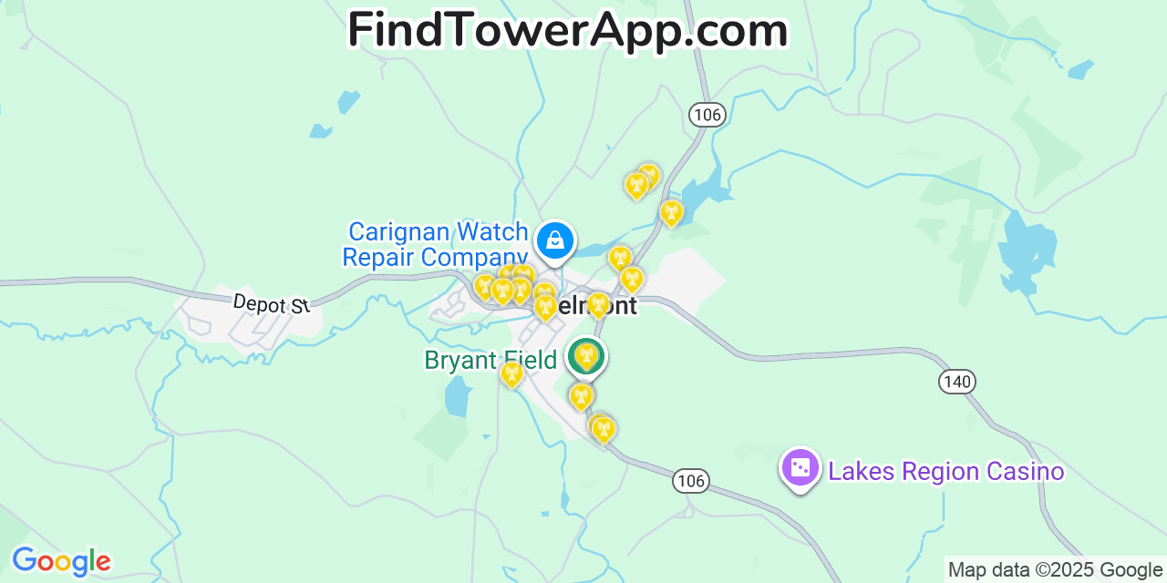 Map showing the 20 primary cell tower locations detected in Belmont, New Hampshire from AT&T, Verizon, and T-Mobile networks