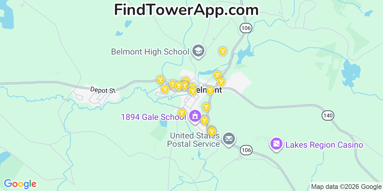 Map showing the 20 primary cell tower locations detected in Belmont, New Hampshire from AT&T, Verizon, and T-Mobile networks
