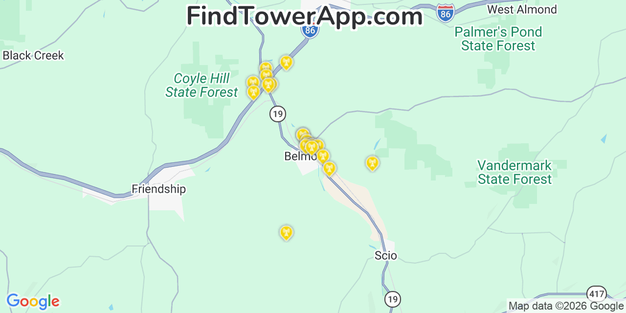 Map showing the 20 primary cell tower locations detected in Belmont, New York from AT&T, Verizon, and T-Mobile networks