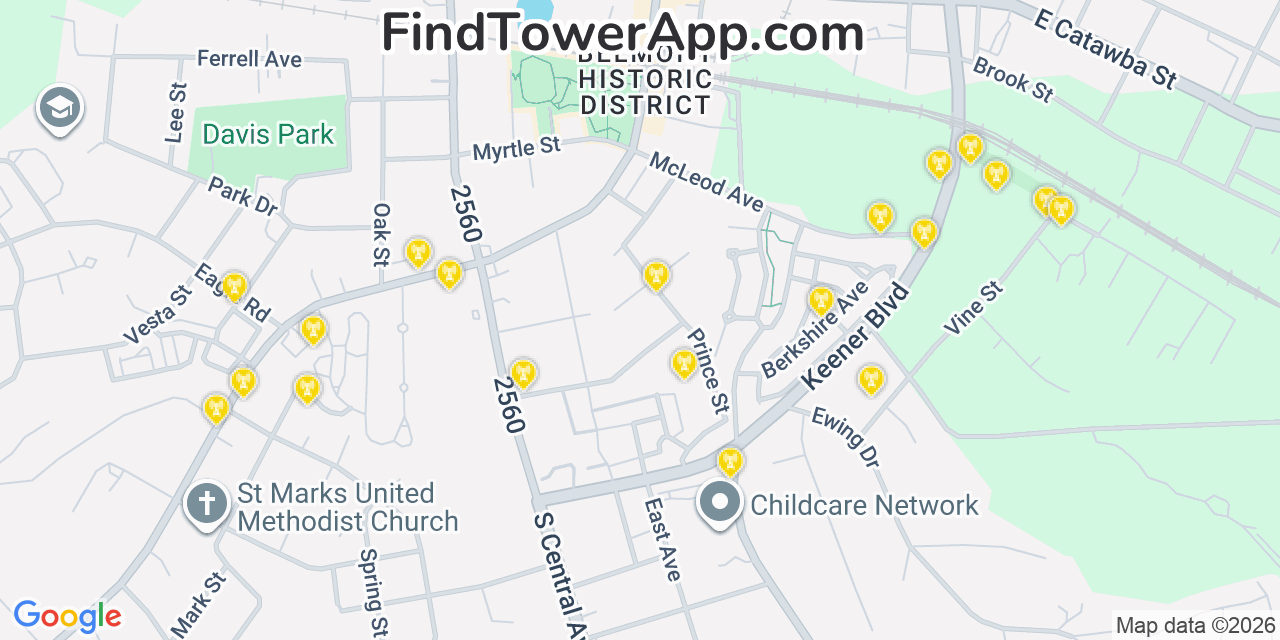Map showing the 20 primary cell tower locations detected in Belmont, North Carolina from AT&T, Verizon, and T-Mobile networks