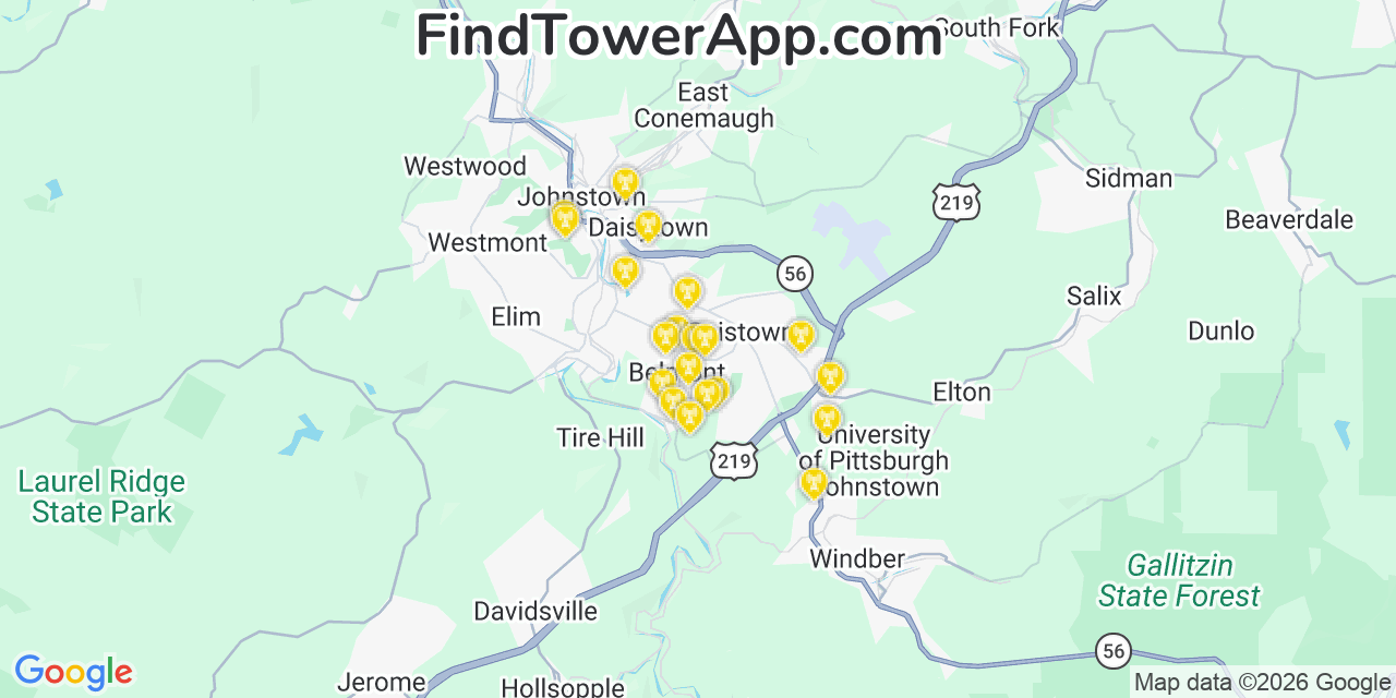 Map showing the 20 primary cell tower locations detected in Belmont, Pennsylvania from AT&T, Verizon, and T-Mobile networks