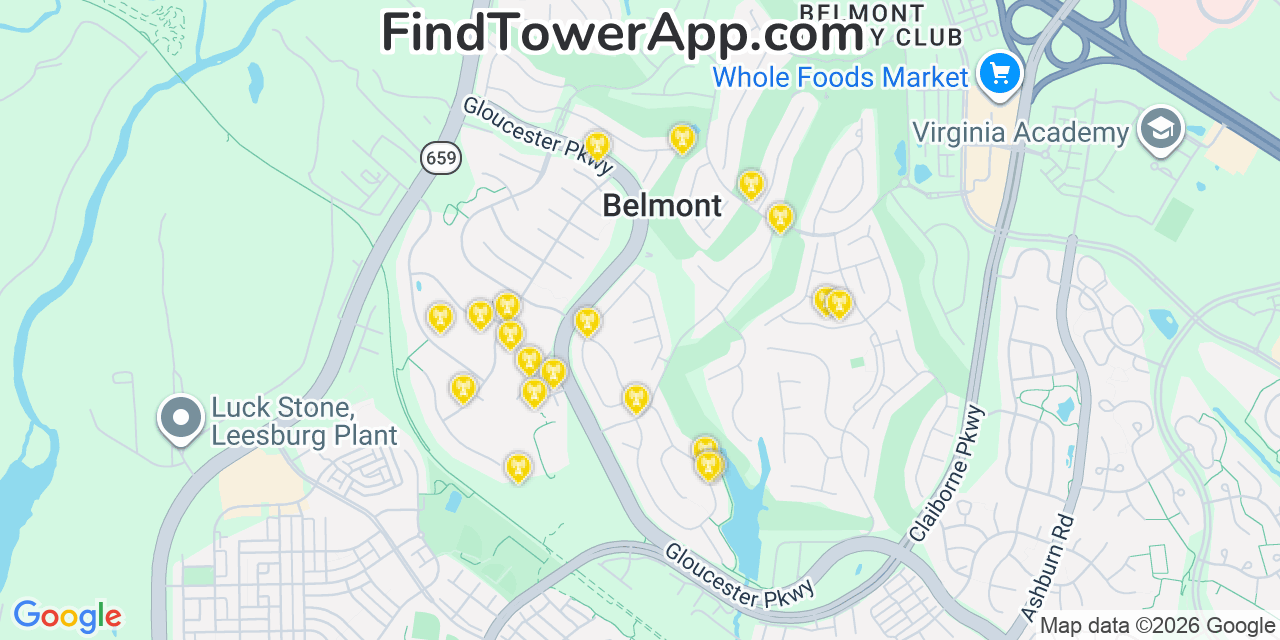 Map showing the 20 primary cell tower locations detected in Belmont, Virginia from AT&T, Verizon, and T-Mobile networks