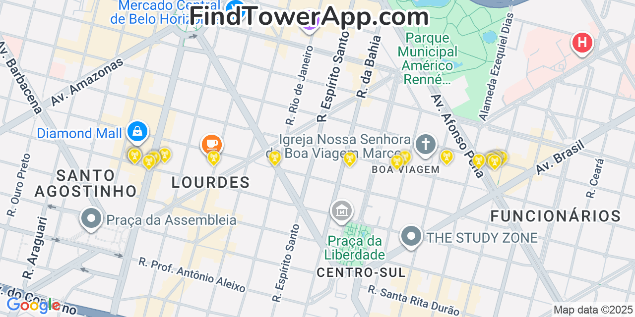 Map showing the 0 primary Claro cell tower locations detected in Belo Horizonte, Brazil with coverage radius and signal strength indicators