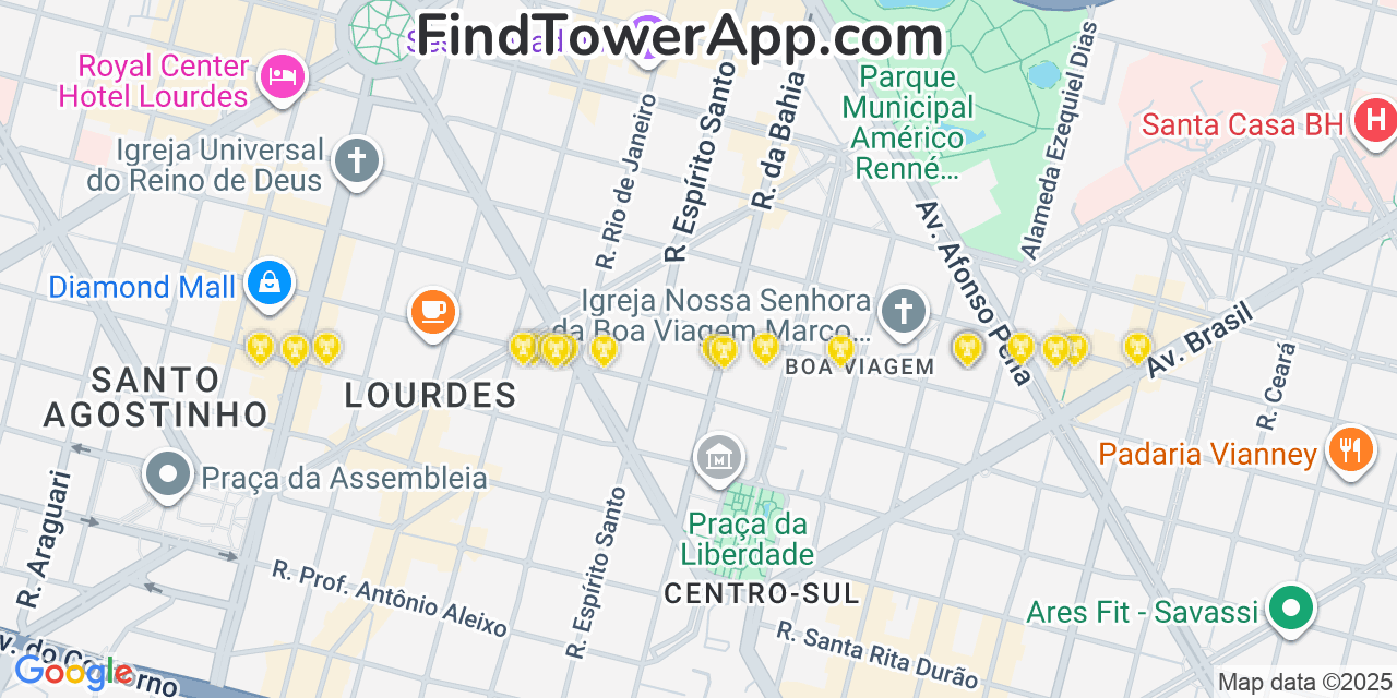 Map showing the 20 primary cell tower locations detected in Belo Horizonte, Brazil with coverage areas and signal strength