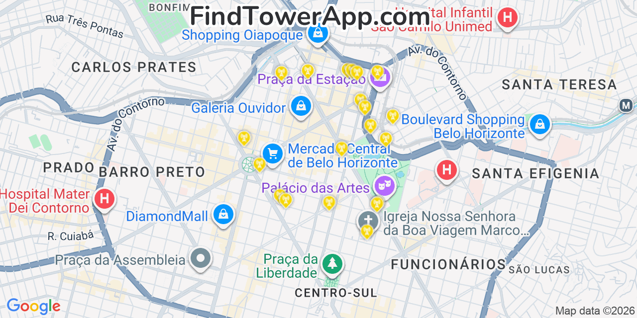 Map showing the 20 primary NII Holdings cell tower locations in Belo Horizonte, Brazil