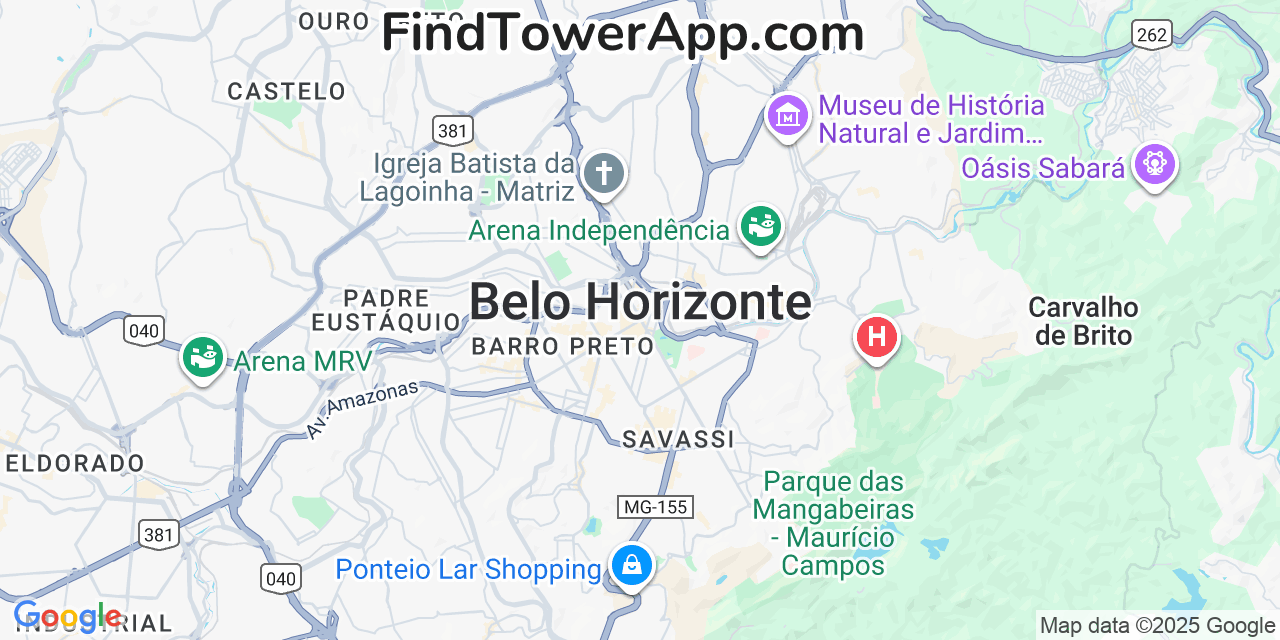 Map showing the 0 primary Oi cell tower locations detected in Belo Horizonte, Brazil with coverage radius and signal strength indicators
