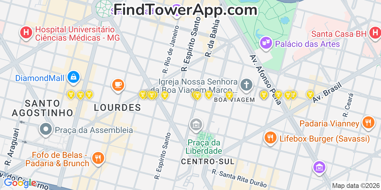 Map showing the 20 primary Verizon cell tower locations detected in Belo Horizonte, @@Swnjl with coverage radius and signal strength indicators