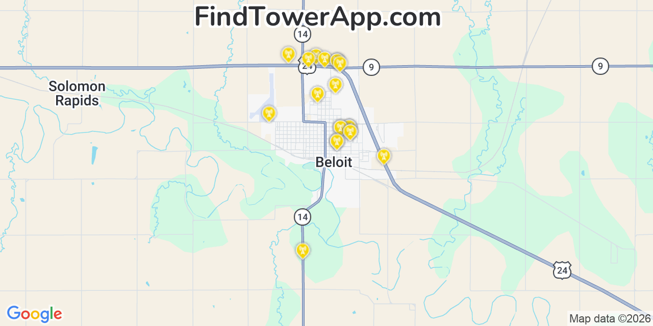 Map showing the 20 primary cell tower locations detected in Beloit, Kansas from AT&T, Verizon, and T-Mobile networks