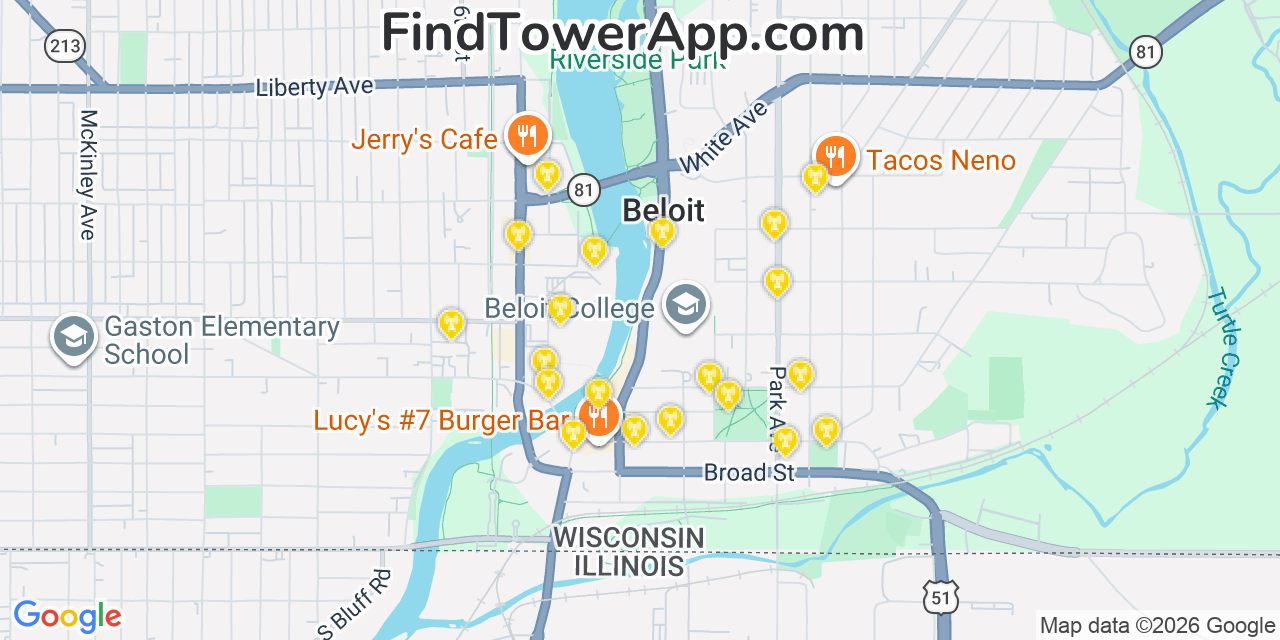 Map showing the 20 primary cell tower locations detected in Beloit, Wisconsin from AT&T, Verizon, and T-Mobile networks