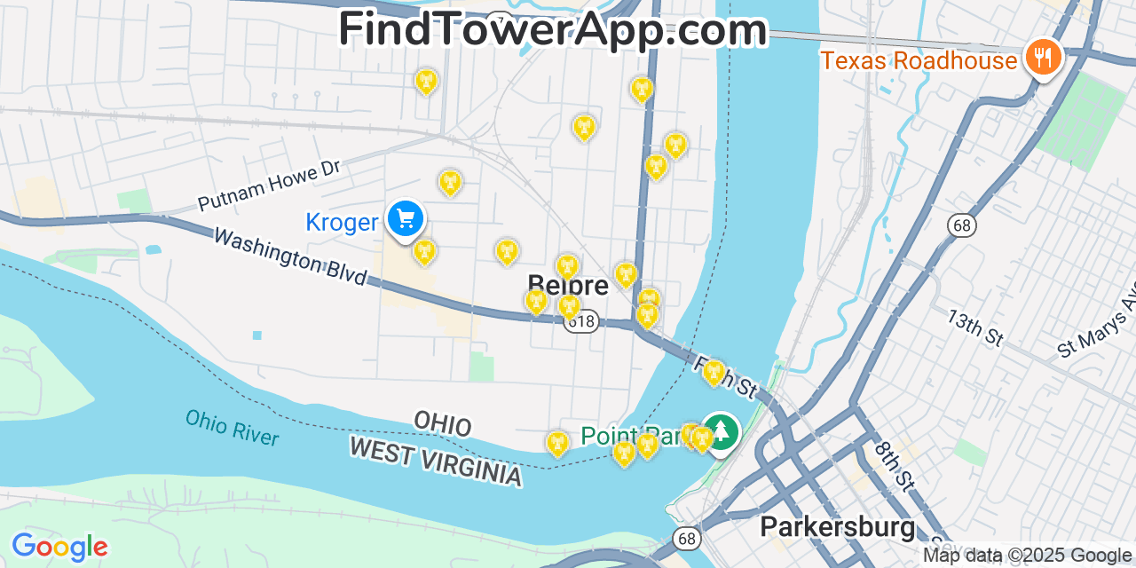 Map showing the 20 primary cell tower locations detected in Belpre, Ohio from AT&T, Verizon, and T-Mobile networks