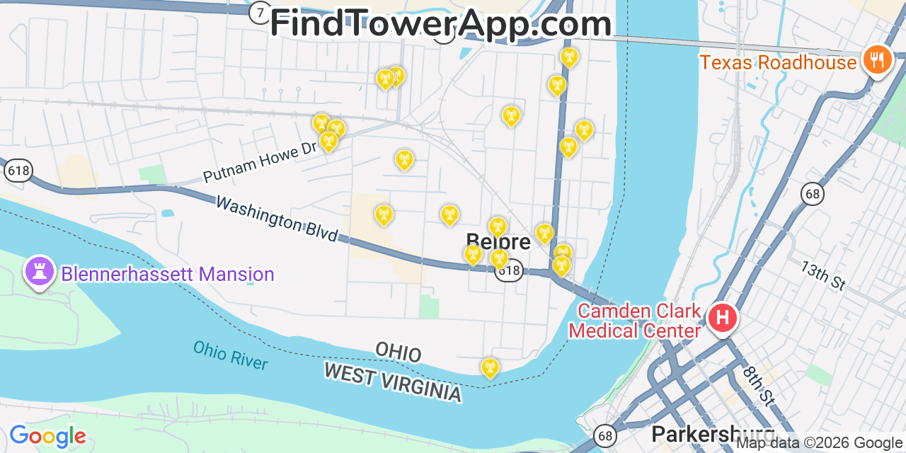 Map showing the 20 primary cell tower locations detected in Belpre, Ohio from AT&T, Verizon, and T-Mobile networks