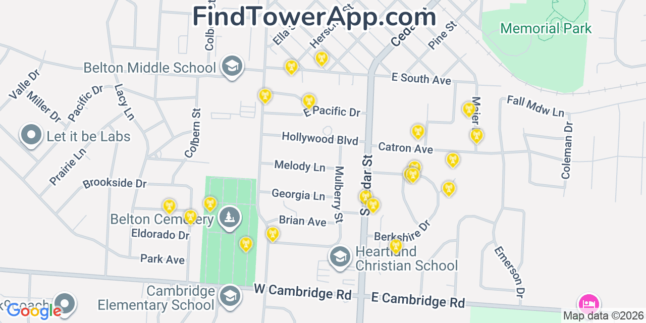 Map showing the 20 primary cell tower locations detected in Belton, Missouri from AT&T, Verizon, and T-Mobile networks