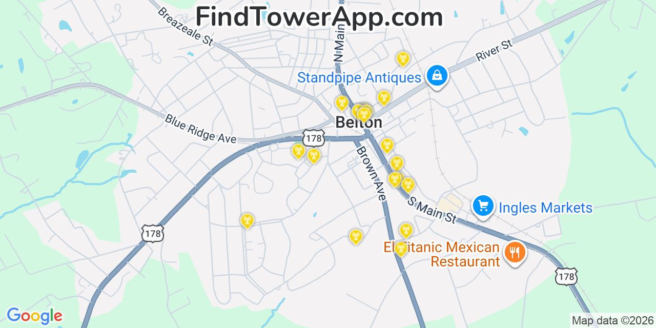 Map showing the 20 primary cell tower locations detected in Belton, South Carolina from AT&T, Verizon, and T-Mobile networks