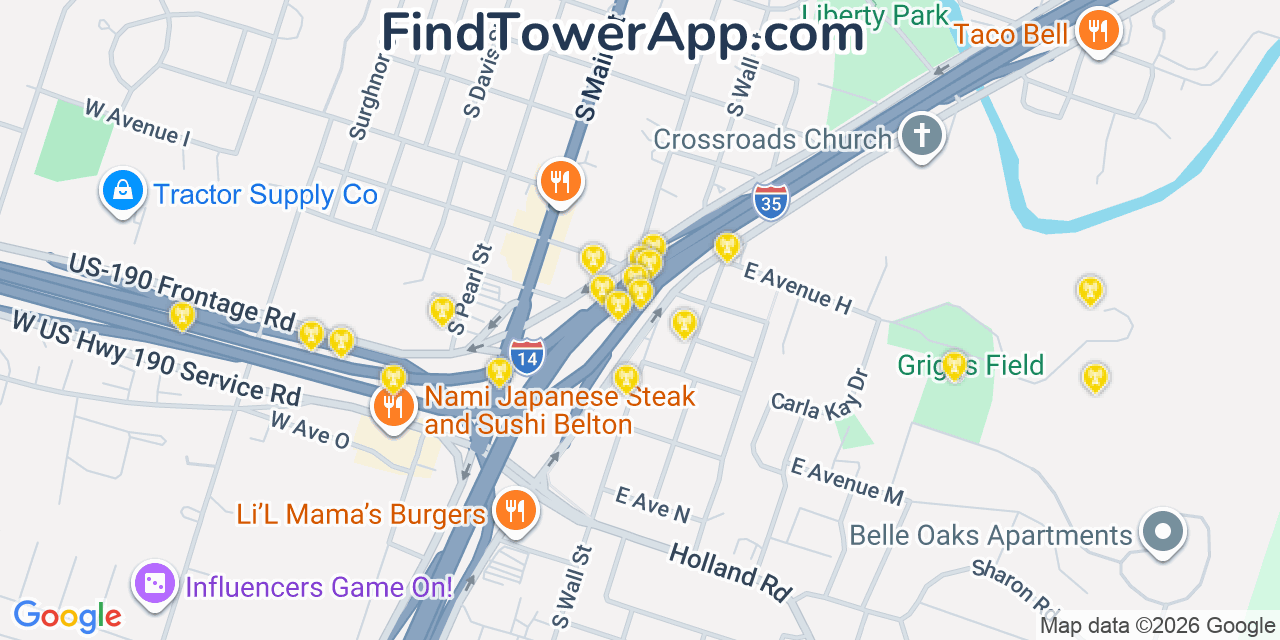 Map showing the 20 primary cell tower locations detected in Belton, Texas from AT&T, Verizon, and T-Mobile networks