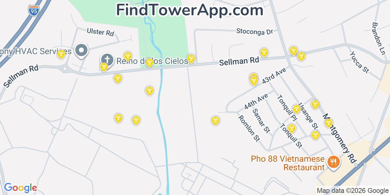 Map showing the 20 primary cell tower locations detected in Beltsville, Maryland from AT&T, Verizon, and T-Mobile networks