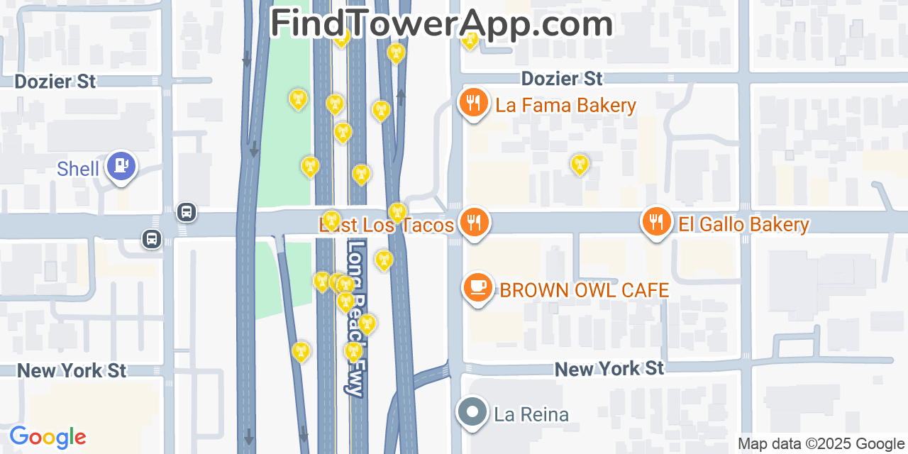 Map showing the 20 primary cell tower locations detected in Belvedere, California from AT&T, Verizon, and T-Mobile networks