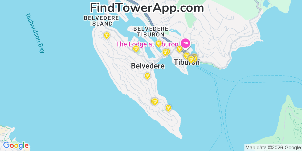 Map showing the 20 primary cell tower locations detected in Belvedere, California from AT&T, Verizon, and T-Mobile networks