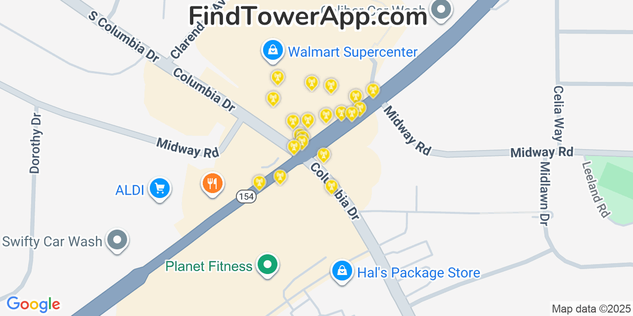 Map showing the 20 primary cell tower locations detected in Belvedere Park, Georgia from AT&T, Verizon, and T-Mobile networks