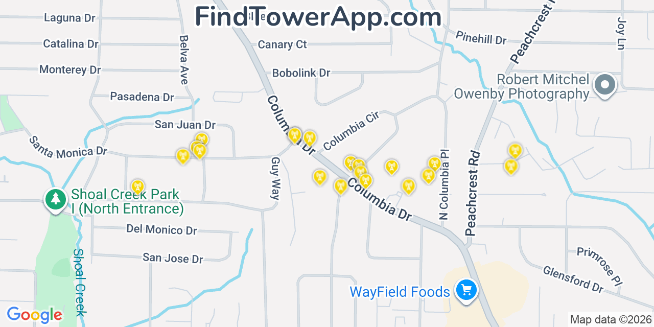 Map showing the 20 primary cell tower locations detected in Belvedere Park, Georgia from AT&T, Verizon, and T-Mobile networks