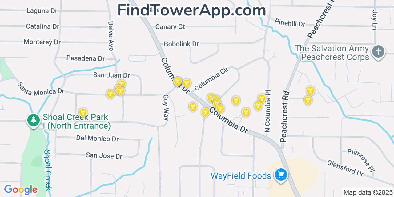 Map showing the 20 primary Mobitel cell tower locations detected in Belvedere Park, Georgia with coverage radius and signal strength indicators