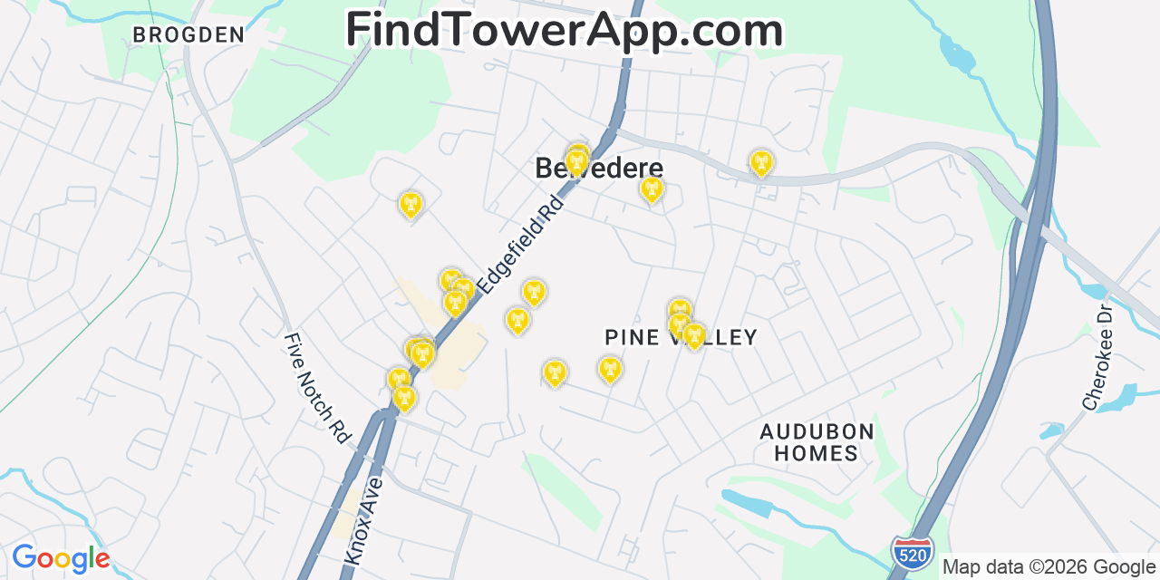 Map showing the 20 primary cell tower locations detected in Belvedere, South Carolina from AT&T, Verizon, and T-Mobile networks