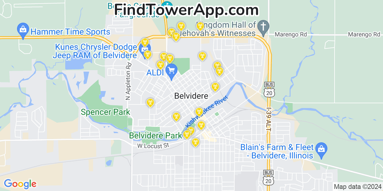 AT&T 4G/5G cell tower coverage map Belvidere, Illinois