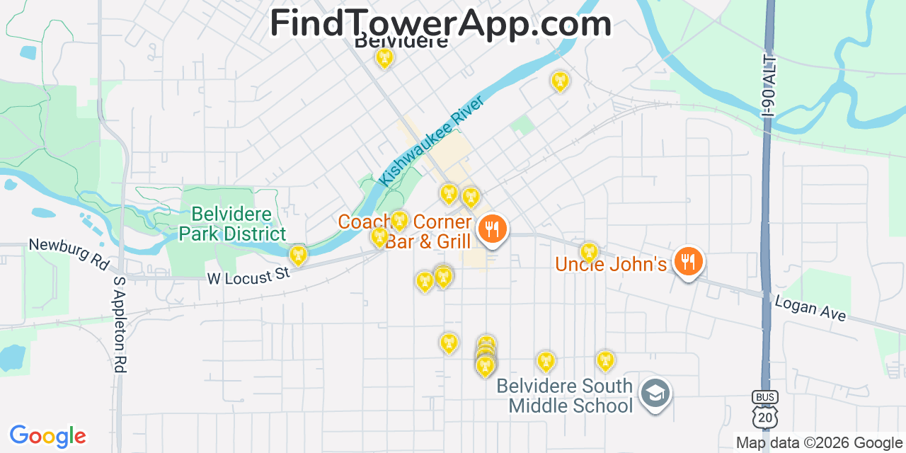 Map showing the 20 primary cell tower locations detected in Belvidere, Illinois from AT&T, Verizon, and T-Mobile networks
