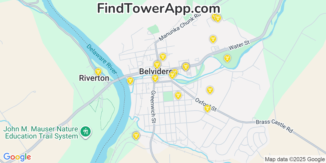 Map showing the 20 primary cell tower locations detected in Belvidere, New Jersey from AT&T, Verizon, and T-Mobile networks