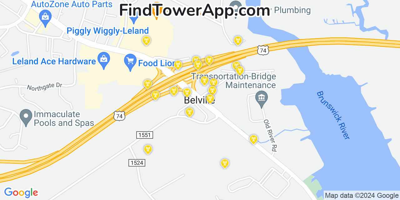 AT&T 4G/5G cell tower coverage map Belville, North Carolina