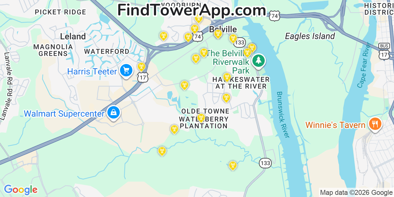 Map showing the 20 primary cell tower locations detected in Belville, North Carolina from AT&T, Verizon, and T-Mobile networks