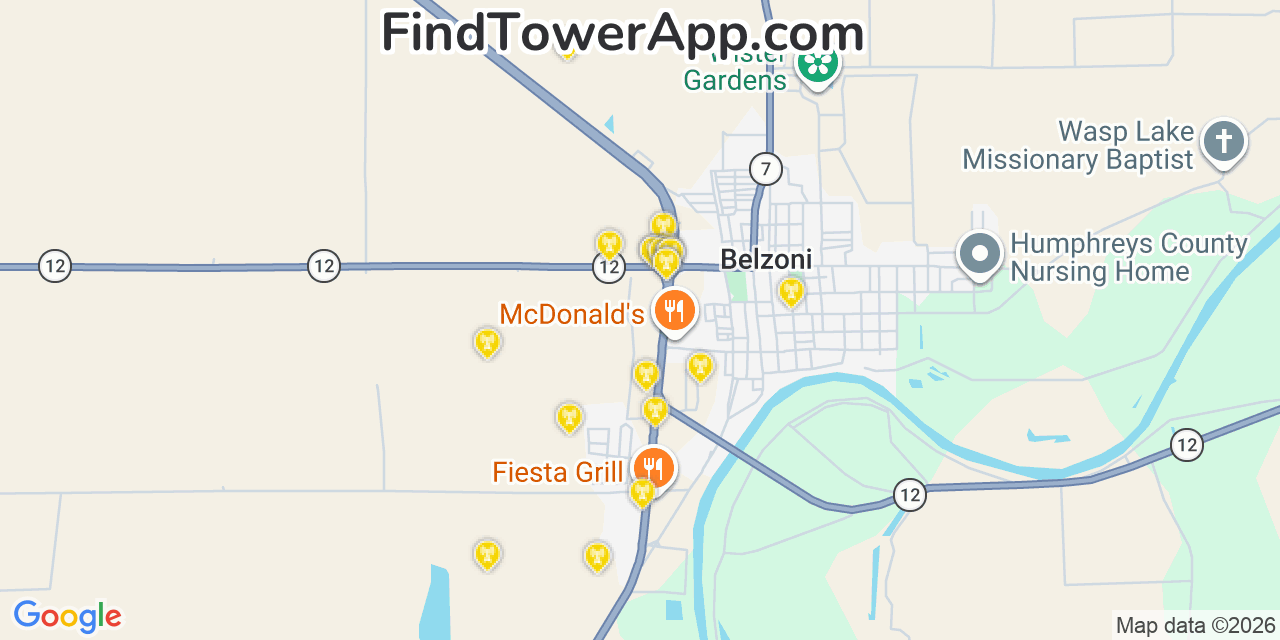 Map showing the 20 primary cell tower locations detected in Belzoni, Mississippi from AT&T, Verizon, and T-Mobile networks