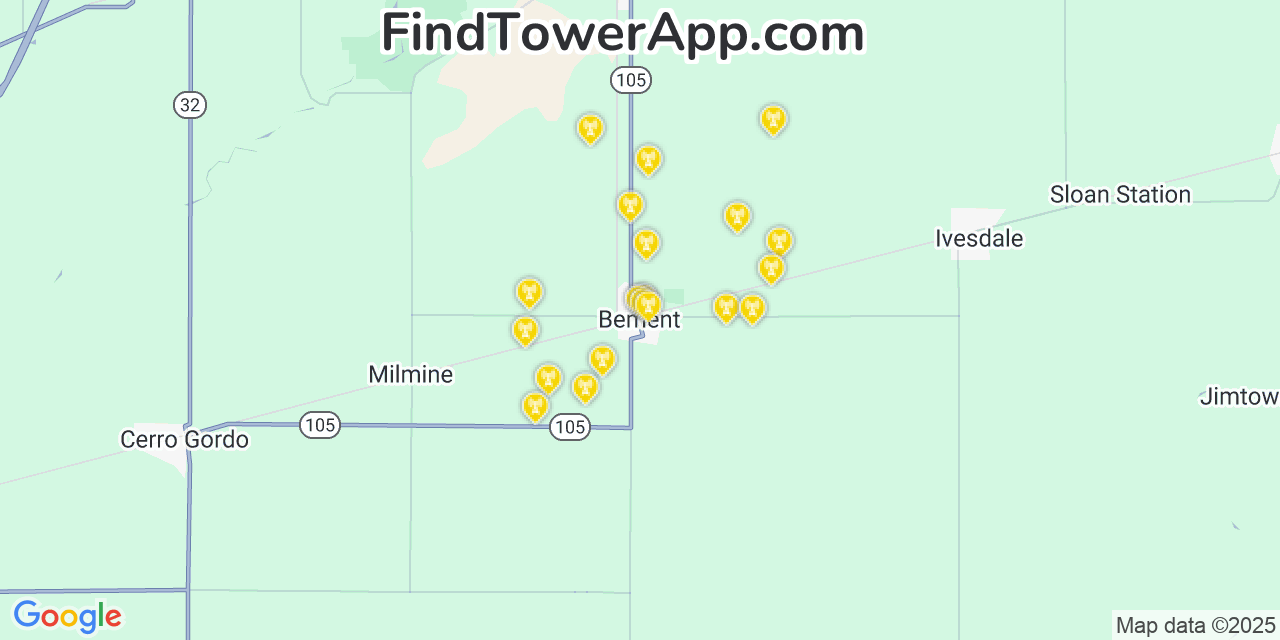 Map showing the 20 primary cell tower locations detected in Bement, Illinois from AT&T, Verizon, and T-Mobile networks