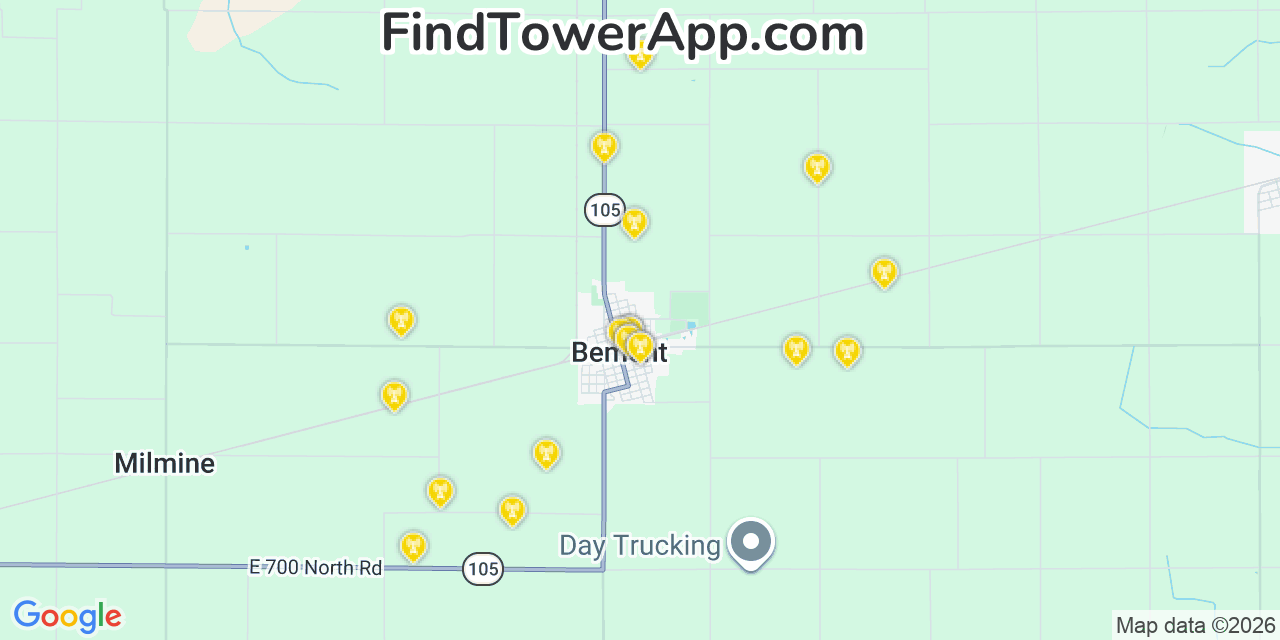 Map showing the 20 primary cell tower locations detected in Bement, Illinois from AT&T, Verizon, and T-Mobile networks