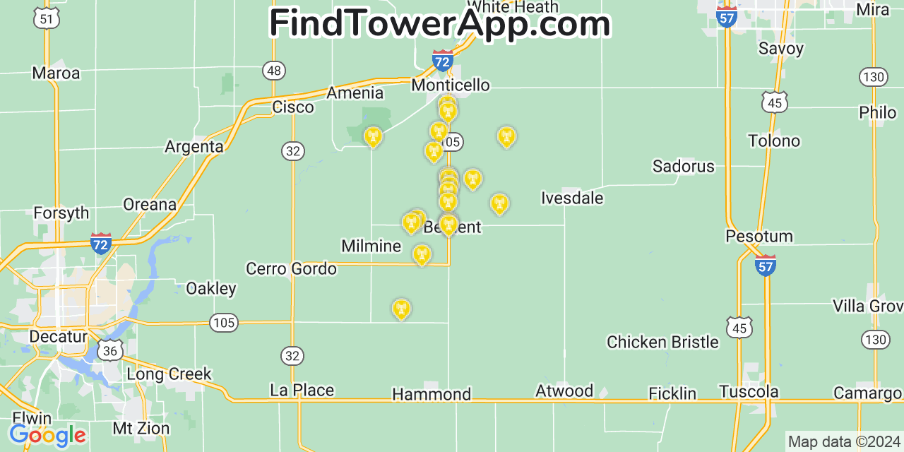 Verizon 4G/5G cell tower coverage map Bement, Illinois