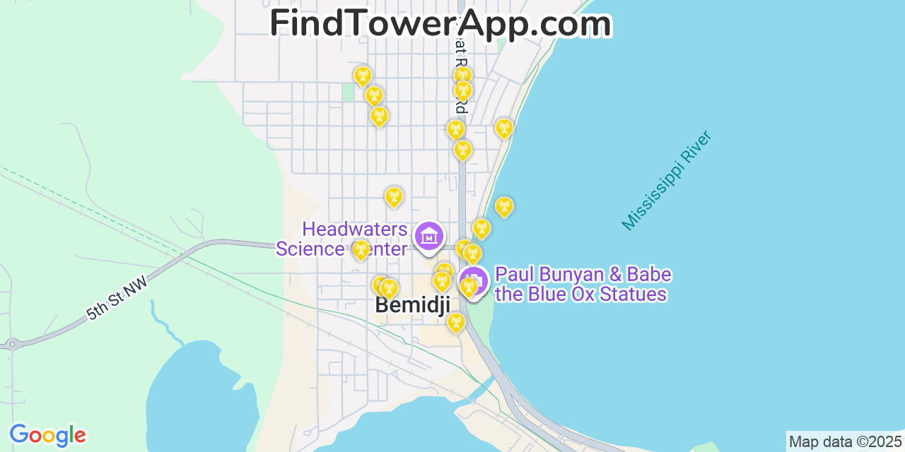 Map showing the 20 primary cell tower locations detected in Bemidji, Minnesota from AT&T, Verizon, and T-Mobile networks