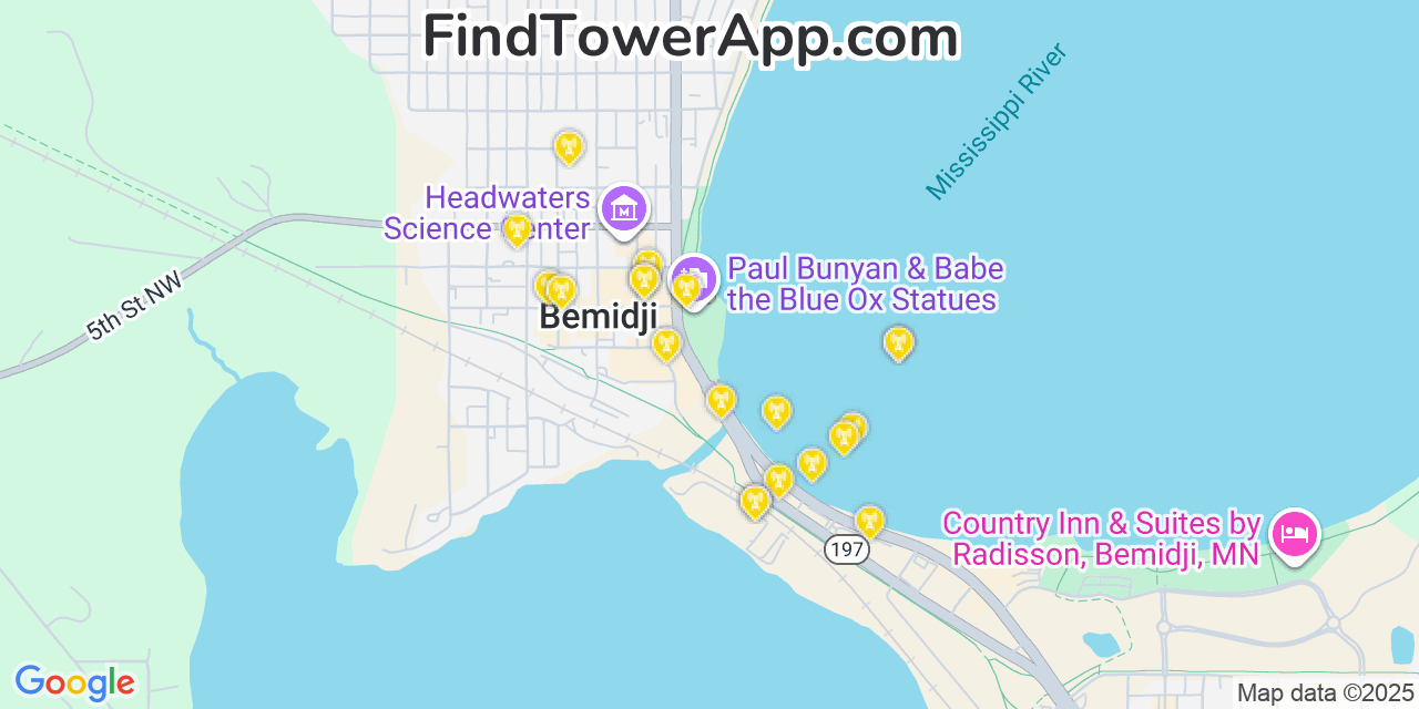 Map showing the 20 primary cell tower locations detected in Bemidji, Minnesota from AT&T, Verizon, and T-Mobile networks