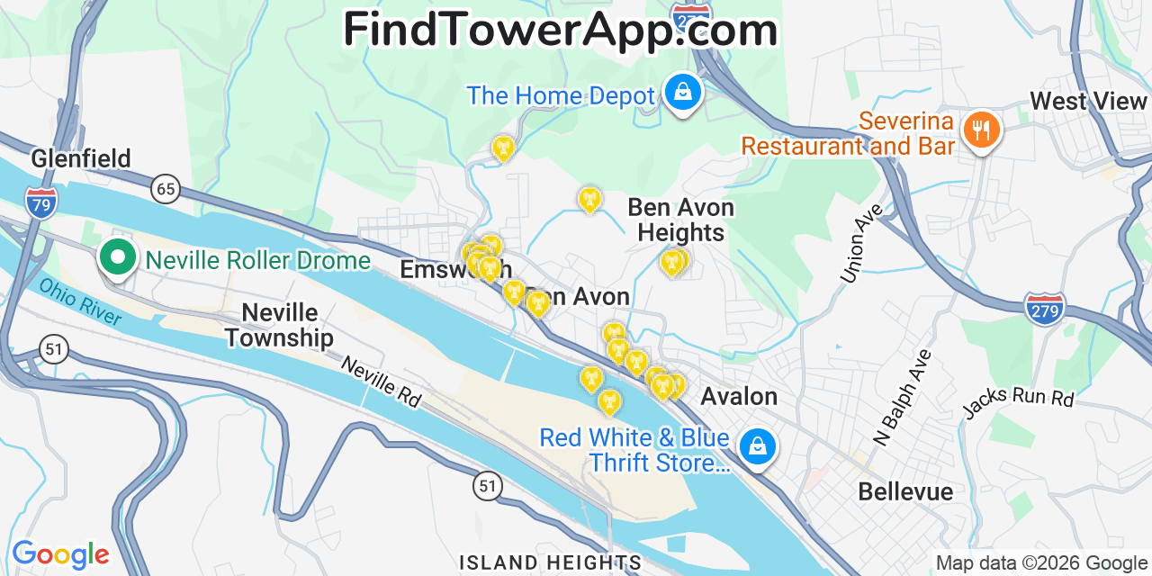 Map showing the 20 primary cell tower locations detected in Ben Avon, Pennsylvania from AT&T, Verizon, and T-Mobile networks