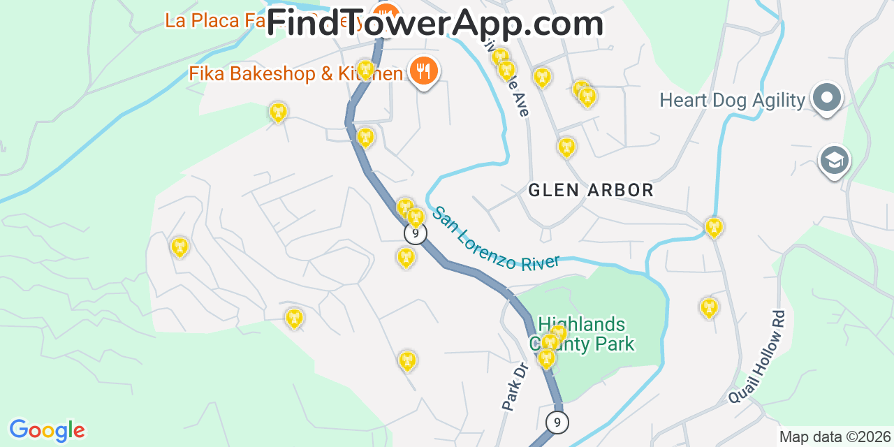 Map showing the 20 primary cell tower locations detected in Ben Lomond, California from AT&T, Verizon, and T-Mobile networks