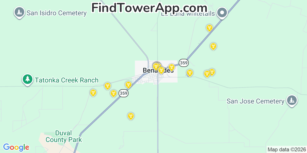 Map showing the 20 primary cell tower locations detected in Benavides, Texas from AT&T, Verizon, and T-Mobile networks